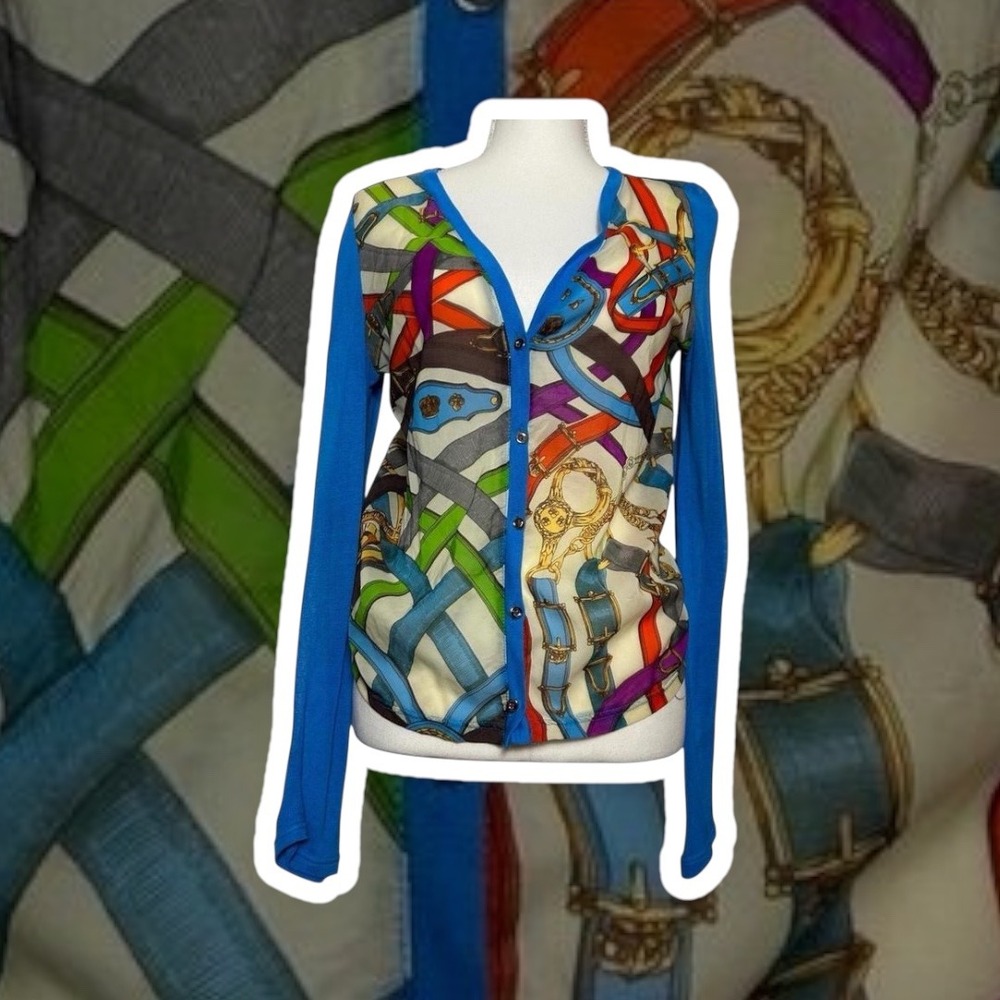 Blue Multi-Print Button-Front Cardigan Sweater Hermes, Gucci